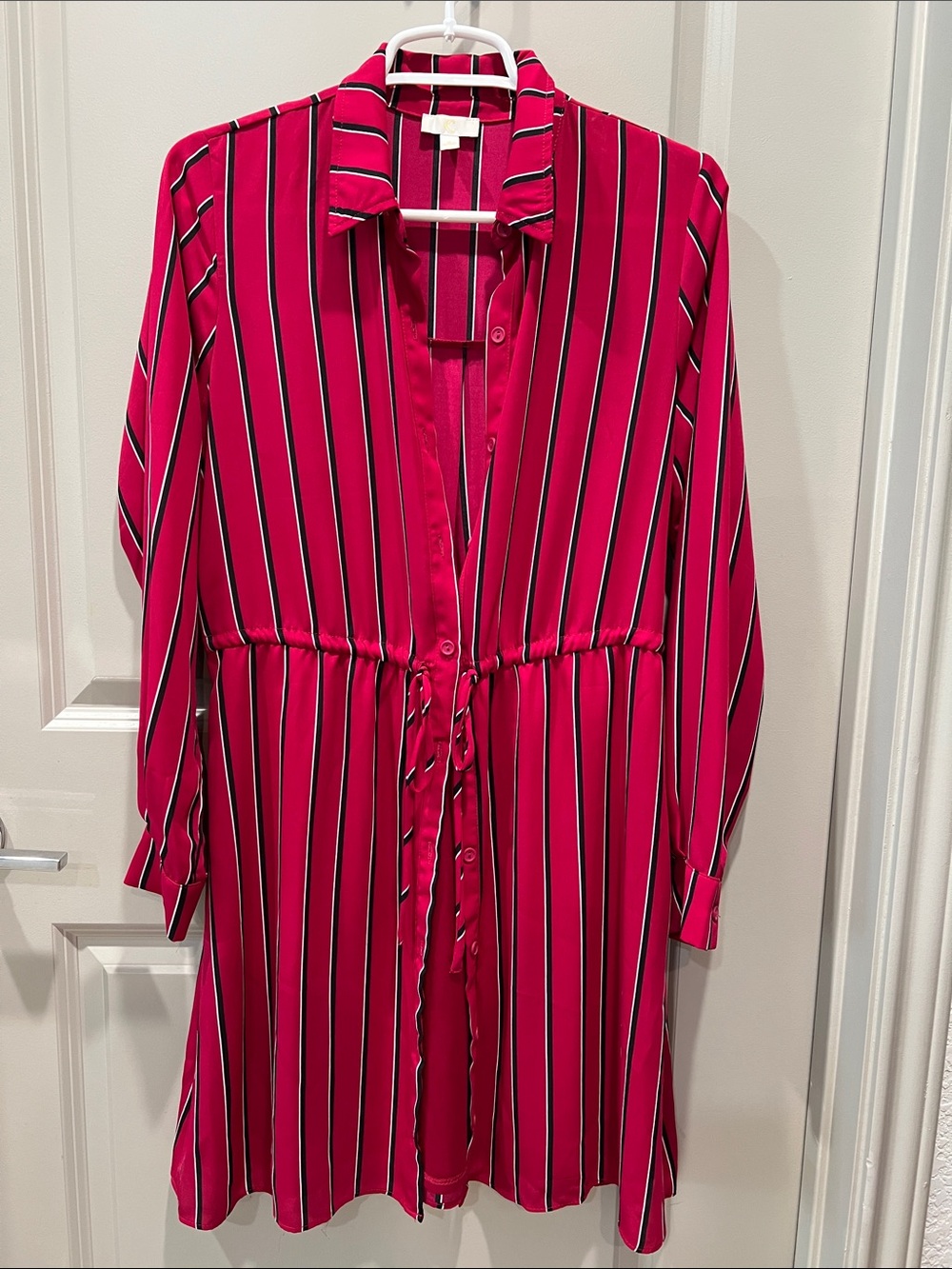 Striped Button-Front Waist-Tie Long Sleeve Dress